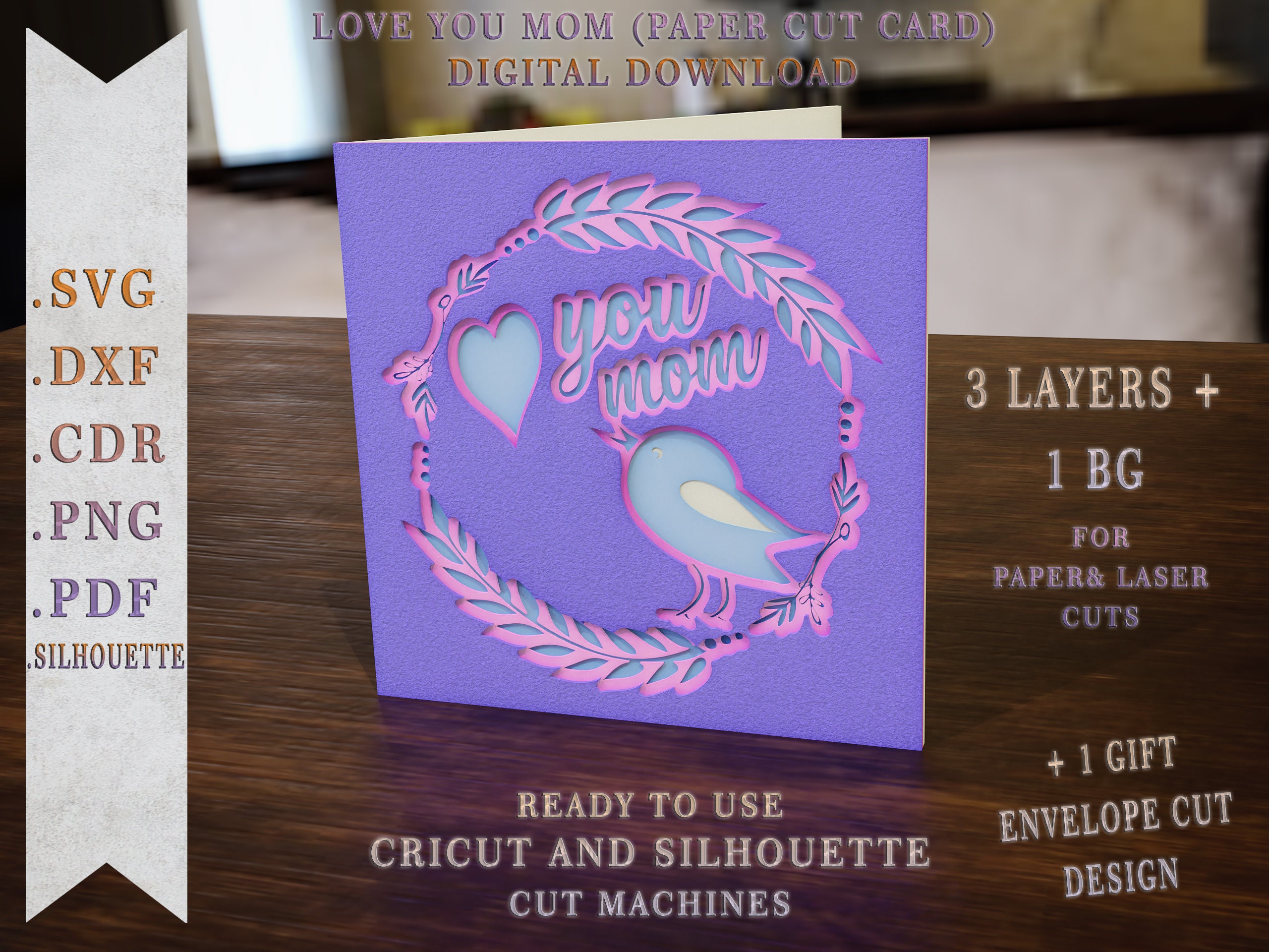Mother's Day Card Ver.4 SVG & Envelope, Love You Mom Card Cricut and ...
