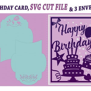 Tarjeta de feliz cumpleaños SVG & 3 sobres archivos SVG, Cricut y Silhouette Svg - Png - Cdr - Dxf - Dwg - Eps - Archivo AI para corte de papel