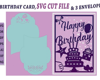 Happy Birthday Card SVG & 3 Envelopes SVG, Cricut and Silhouette files Svg - Png - Cdr - Dxf - Dwg - Eps - AI File For Paper Cut