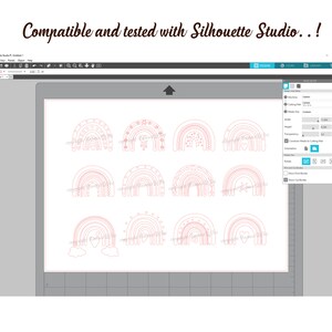 May include: A screenshot of a computer screen showing a design program with 12 rainbow designs. The designs are all different, with some having stars, hearts, and other decorations. The program is called Silhouette Studio.