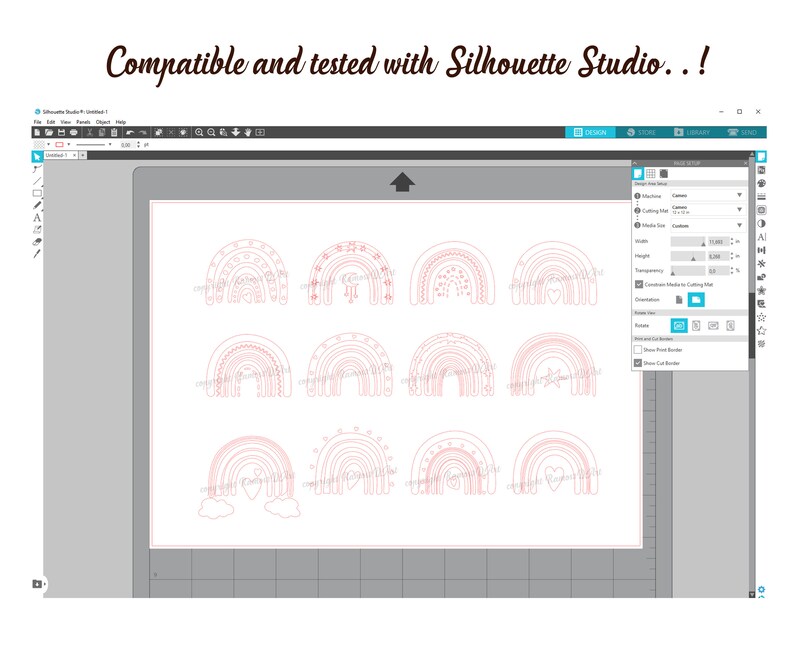 May include: A screenshot of a computer screen showing a design program with 12 rainbow designs. The designs are all different, with some having stars, hearts, and other decorations. The program is called Silhouette Studio.