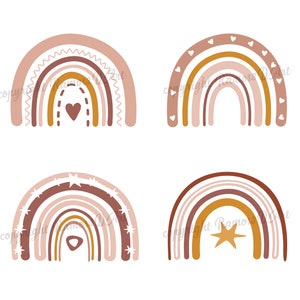 May include: Set of four rainbow illustrations in various shades of brown, pink, and yellow. Each rainbow has a different design element in the center: a heart, a star, and two different star patterns.