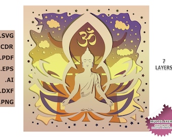 3D-papier gesneden lichtbak sjabloon Buddha Shadow Box SVG-sjabloonbestanden Svg - PNG - Cdr - Dxf - Dwg - Eps - AI-bestand voor papierknippen en lasersnijden