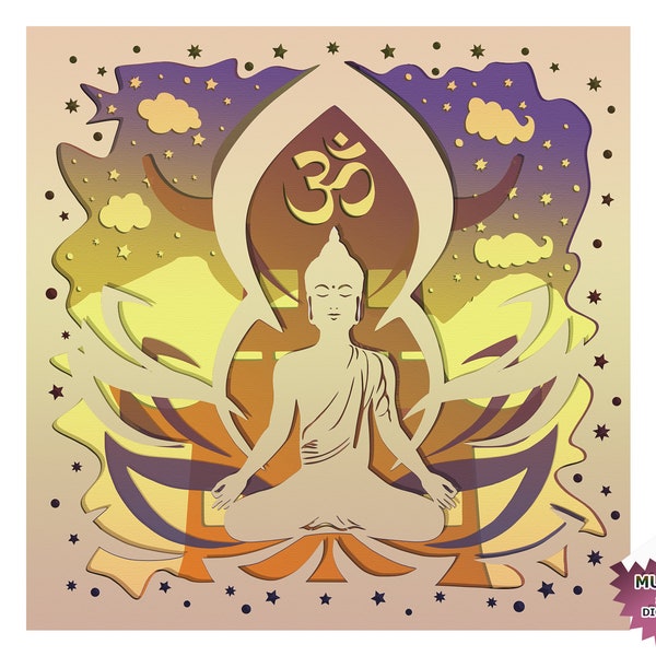 3D Paper cut light box template Buddha Shadow Box SVG Template files Swg - PNG - Cdr - Dxf - Dwg - Eps - AI File For Paper Cut and Laser Cut