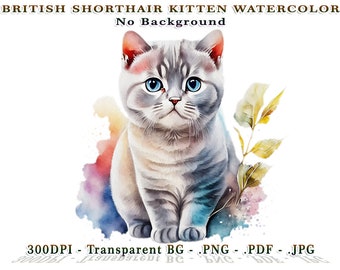 British Shorthair Kitten - Cute Cat .PNG design with transparent background, British Cat watercolor effect Drawing for commercial use