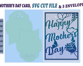 Tarjeta de Feliz Día de la Madre en formato SVG y 3 sobres. Archivos SVG, Cricut y Silhouette en formatos Svg, Png, Cdr, Dxf, Dwg, Eps y AI para corte de papel.