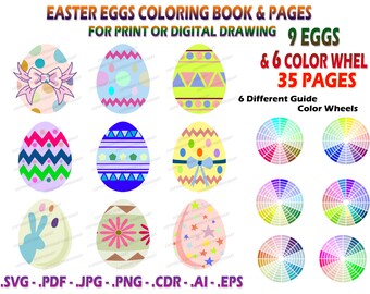 9 Different Easter Eggs and 6 Color Wheels, Easter Coloring Book and Pages