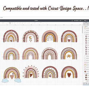 May include: A set of 12 digital cut files featuring various rainbow designs with different accents, including hearts, stars, and a crescent moon. The designs are compatible with Cricut Design Space.