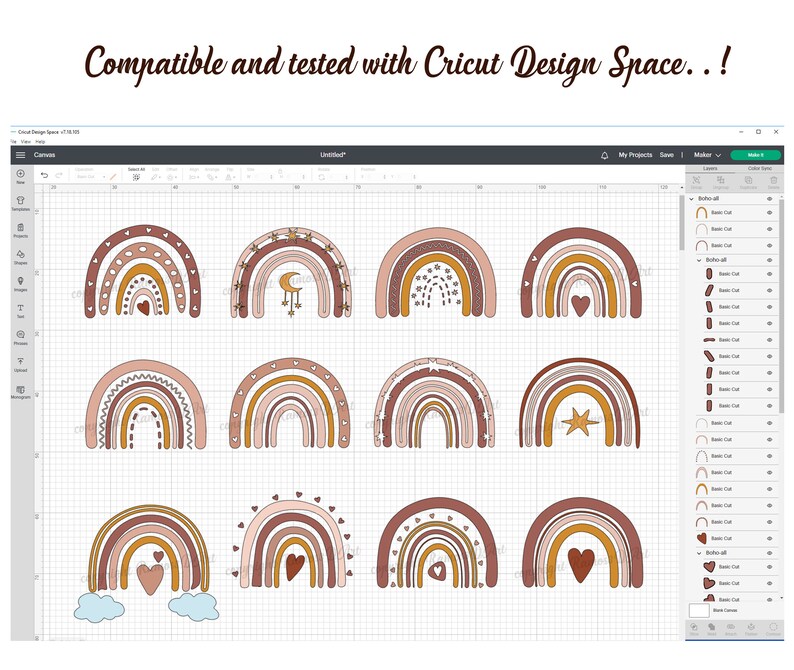 May include: A set of 12 digital cut files featuring various rainbow designs with different accents, including hearts, stars, and a crescent moon. The designs are compatible with Cricut Design Space.