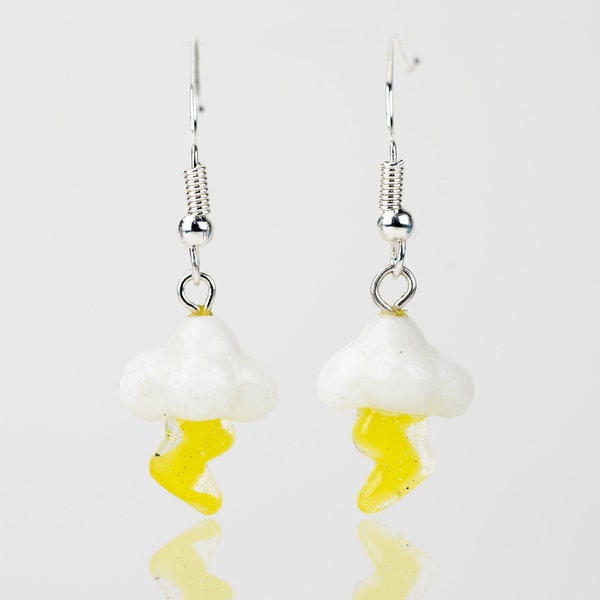 Lightning Cloud Dangle Earrings - Set of Two, Glass Earrings, Handmade jewelry, Cloud and Lightning,  Glow in the Dark Earrings