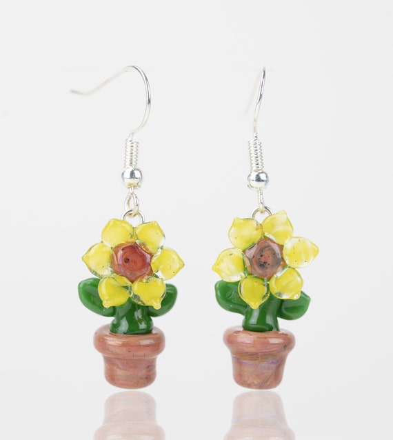 Glow in the Dark Earrings Yellow Handmade Lampwork Glass Dangles Glow in the Dark Earrings Yellow Handmade Lampwork Glass Dangles