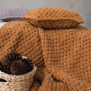 Set composto da coperta e cuscino in maglia, colore ambra, microfibra, ideale per l'arredamento della casa, set di coperte spesse lavorate a mano, morbido copriletto e cuscino per letto matrimoniale king size.