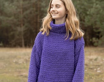Handmade Purple Chunky Knit Sweater: Soft Loop Yarn Pullover