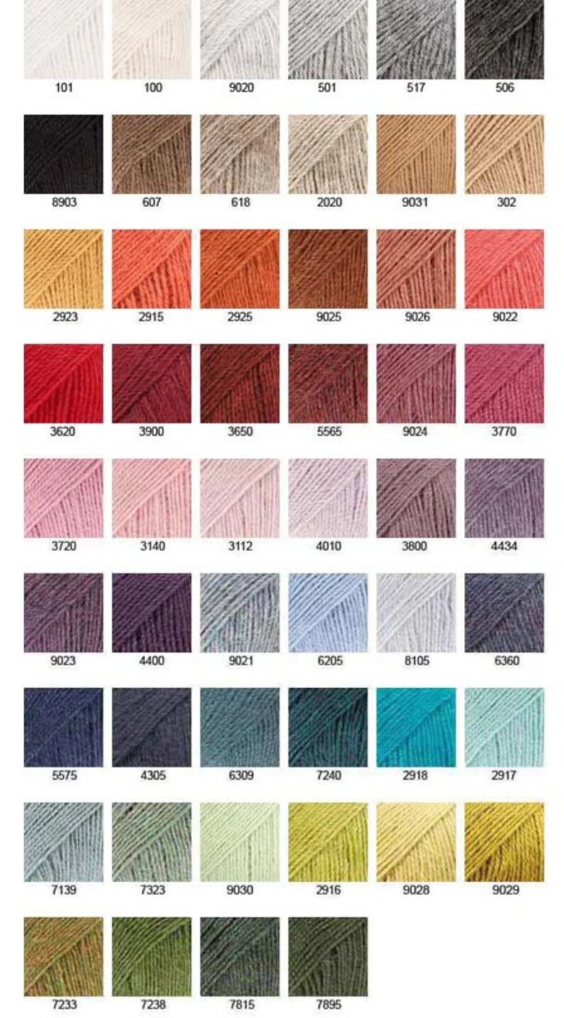 Pode incluir: Uma carta de cores de amostras de fio, com cada amostra etiquetada com um n&uacute;mero. As cores incluem branco, bege, cinza, preto, marrom, laranja, vermelho, rosa, roxo, azul, verde e amarelo.