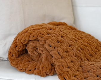 Chunky Knit Blanket, Super Soft Rust Throw, Cozy Home Decor, mustard brown color gift for wife, girlfriend, sister, grandma