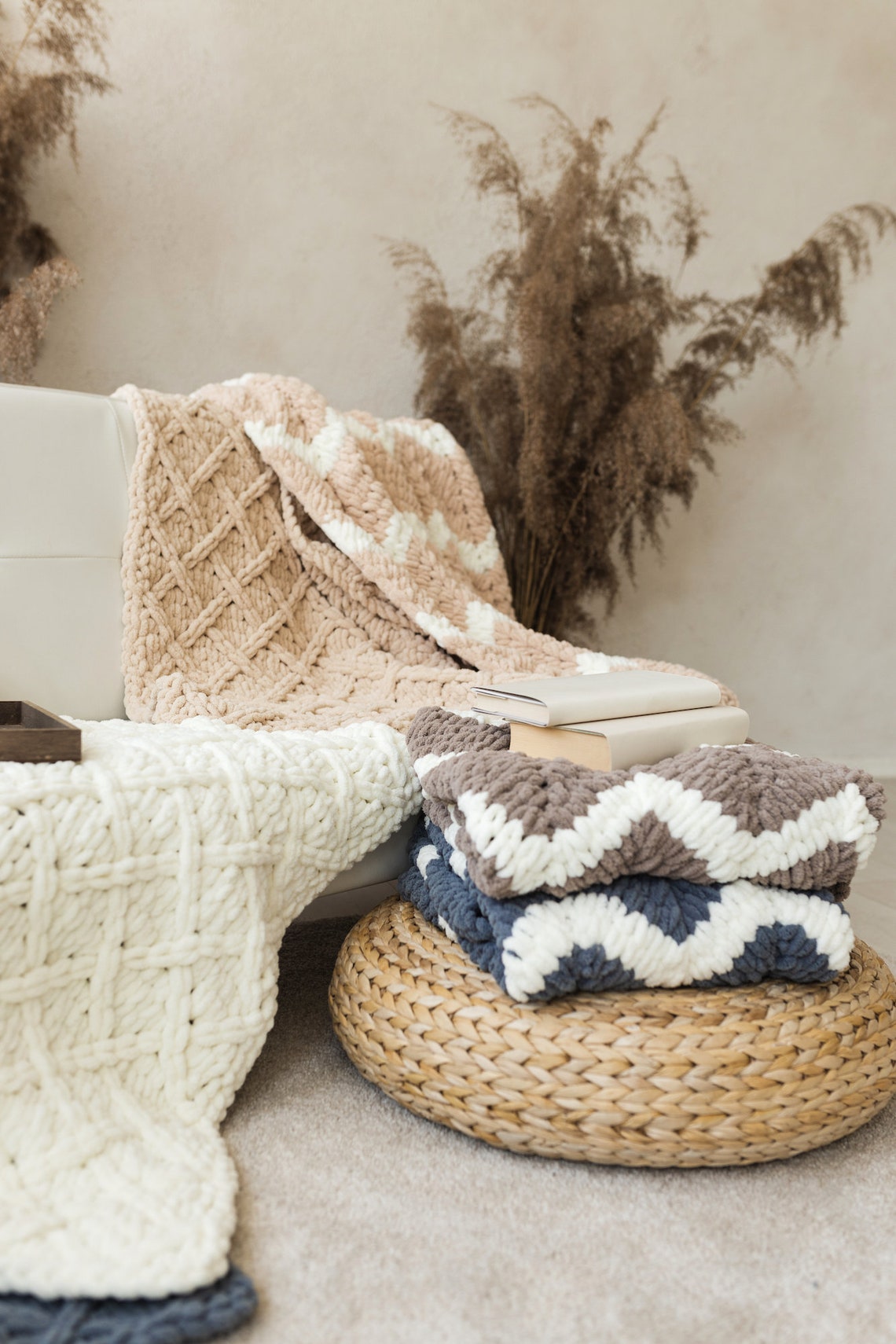 Off White Rhombus Blanket, Diamond Patern Chunky Blanket, Handmade ...