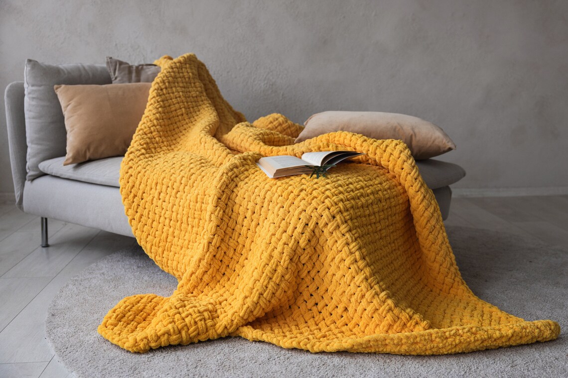 Chunky Knit Yellow Blanket Giant Puffy Cozy Trending Anniversary Gift