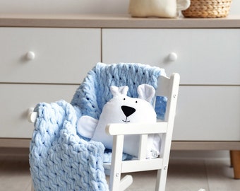 Chunky Blanket, hand knit plaid, blue knit blanket, baby shower gift for baby boy, Handmade gift baby, Unique present child
