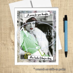 Carte d'anniversaire sarcastique « Penny For Your Thoughts », carte rétro du film « Rain », je pense à vous, carte sale, juste parce que, carte pour elle