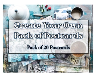 Puede incluir: Imagen de un conjunto de postales con un diseño abstracto. El texto "Create Your Own Pack of Postcards" y "Pack of 20 Postcards" es visible. La escena incluye una tetera, una taza de café, tijeras y otros artículos de papelería.