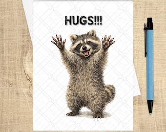 Funny Encouragement Card – “HUGS!!!” | Raccoon Hug Card | Cute Comfort Card | Just Because Card | Inconceivable Cards