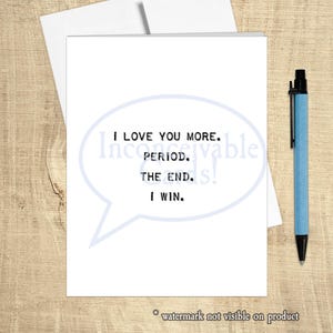 Tarjeta romántica y divertida de "Te amo más" para aniversario, San Valentín y cumpleaños.