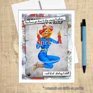 Divertido "Deja de apuntar a complacer, empieza a disparar para matar" Tarjeta de felicitación sarcástica, tarjeta retro, pensando en ti, hilarante para su tarjeta