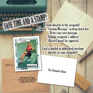 May include: A vintage-style illustration of a woman sitting at a desk with a phone, with the text "Smarty on Fancy!"  The image is on a card with the text "Save Time and a Stamp!" and instructions for sending a personalized card directly to a recipient.