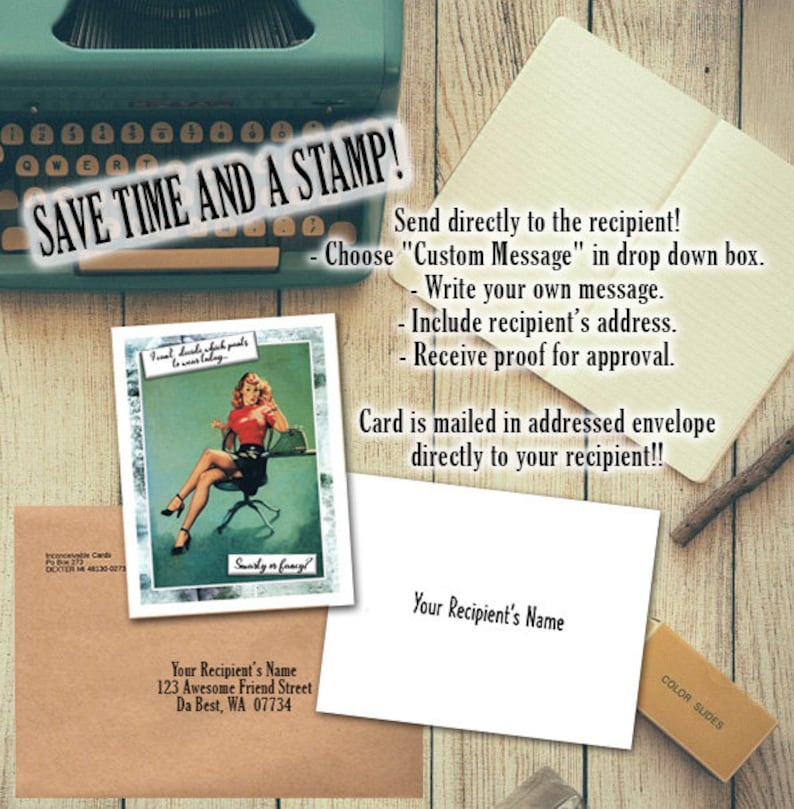 May include: A vintage-style illustration of a woman sitting at a desk with a phone, with the text "Smarty on Fancy!"  The image is on a card with the text "Save Time and a Stamp!" and instructions for sending a personalized card directly to a recipient.