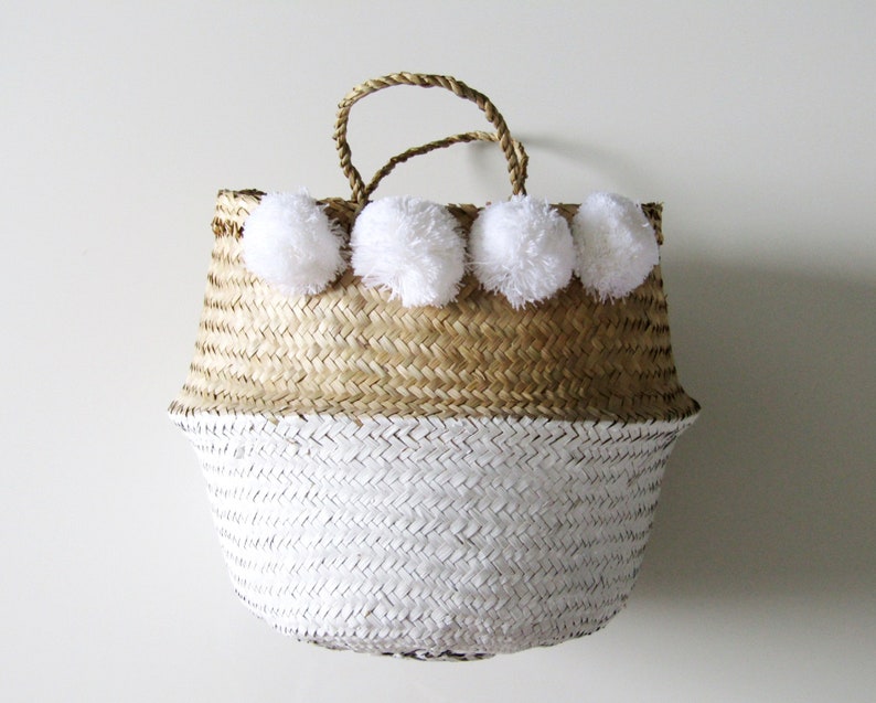 Gewebte natürliche und weiße Bauch Korb mit Pom Pom faltbare | Etsy