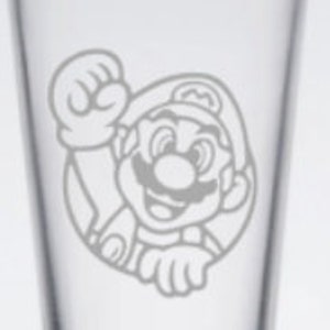 Super Mario Bros inspired hand ecthed glass ware, Mario, Luigi, Toad, Bowser, magic mushroom, 1up, pint glass, beer mug, nintendo xmas gift