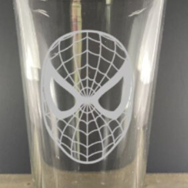 Spider-man inspired etched pint glass, etched mug, marvel, super hero, avengers, comic book, glass etchings, gift, spidey, peter parker