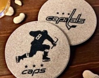Washington Capitals inspired laser etched cork coasters, drink coasters, bareware, Capitals, Ovechkin, NHL, Hockey fan, Coaster, bar coaster