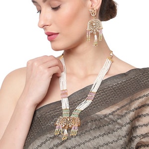 Pearl Kundan Long Necklace Set, Meenakari Raani Haar, Polki Bridal Jewelry, Indian Beaded Mala, Statement Necklace & Studs