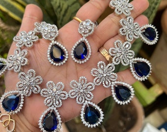 White Gold Plated Blue Sapphire Marquise Cubic zirconia Diamond Necklace Set/Sapphire Diamond Necklace/Pakistani Jewelry/Pakistani ChokerSet