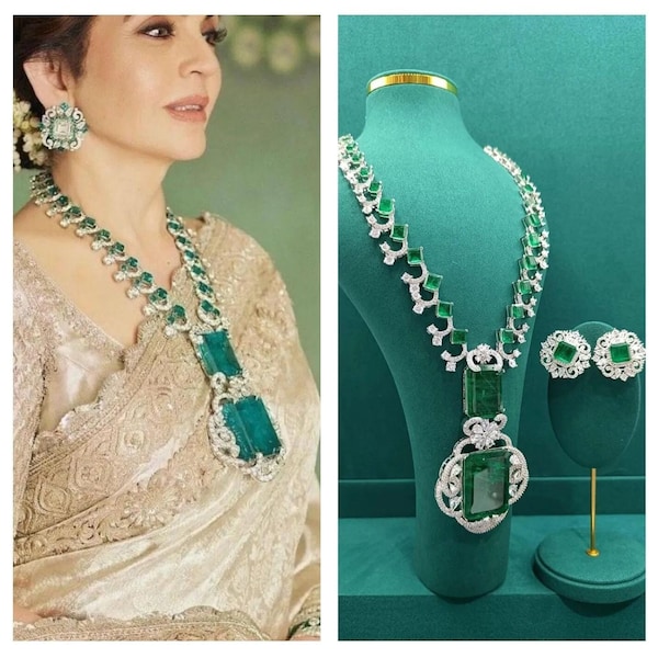 Nita Ambani Sabyasachi Inspired Indian Pakistani Wedding Bollywood Bridal Green Emerald Jewelery/Ad Uncut Kundan Polki Long Necklace Set