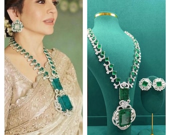 Nita Ambani Sabyasachi Inspired Indian Pakistani Wedding Bollywood Bridal Green Emerald Jewelery/Ad Uncut Kundan Polki Long Necklace Set