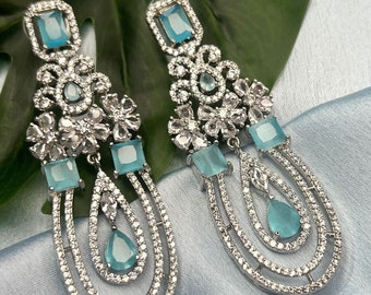 Sabyasachi Inspired Victorian Emerald AD Green Zirconium Diamond Long Earrings/Pakistani Earrings/Pakistani Indian Chaandbalis/Long Earrings
