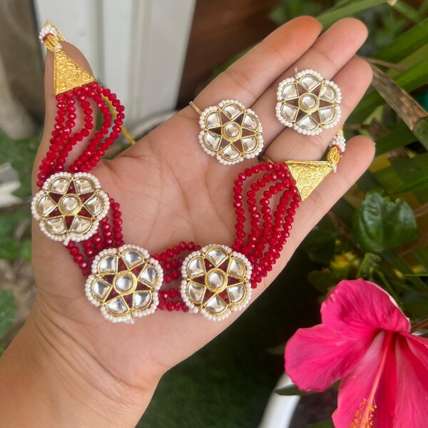 Indian Wedding Bridal Fine Quality Pakistani Kundan Jewelry Light Weight Pearl Beads And Kundan Motifs Choker With Stud Earring Necklace