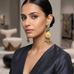 Peut inclure: Boucles d'oreilles dorées élégantes avec des accents verts et blancs. Les boucles d'oreilles présentent un design en forme de goutte d'eau avec des perles vertes pendantes. L'image montre également le numéro "48501".