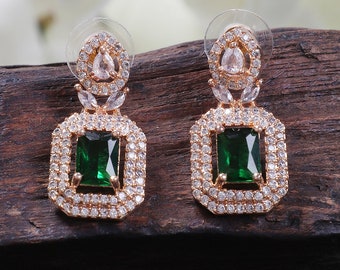 Sabyasachi Inspired Victorian Emerald AD Green Zirconium Diamond Long Earrings/Pakistani Earrings/Pakistani Indian Chaandbalis/Long Earrings