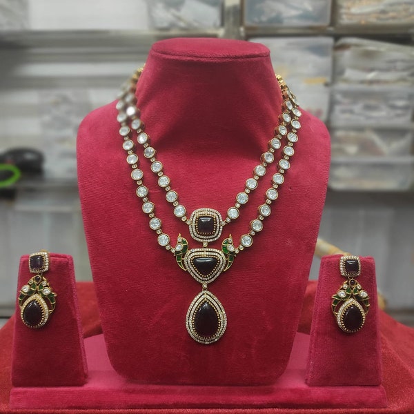 Sabyasachi Inspired Premium Victorian Two Layered Uncut Faux Moissanite Polki Kundan Emerald Jewelry Doublet Diamond Long Necklace Earrings