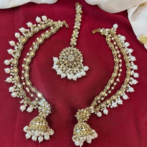 Sahare With Earring And Tikka /Gold Kundan Pearl Chain/Pearl Kaan Chain/Earring Support Chain/Indian Jewelry/Pakistani Jewelry/Jhumka Chain