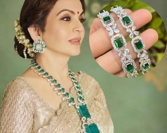 Nita Ambani Inspired Indian Pakistani Wedding Bollywood Green Emerald Jewelery/Ad Uncut Kundan Polki Long Necklace Set With Bangle Combo Set