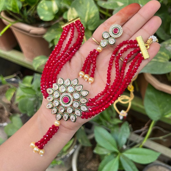 Sabyasachi Inspired Indian Designer Polki Kundan Fusion With Onyx Beads/Statement Jewelry/Unique Pakistani Wedding Choker Necklace Set