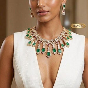 May include: A gold-tone necklace and earring set with emerald-green and clear gemstone embellishments. The necklace has a bib design with emerald pendants. The earrings are teardrop-shaped. The jewelry is worn with a white top.