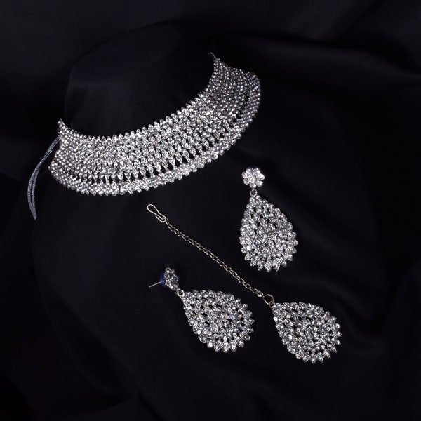 Choker Set Silver Stone choker Set/ Bollywood Jewellery/White Indian choker necklace set/ Bridesmaid Jewellry/Women Necklace set/Indian Set