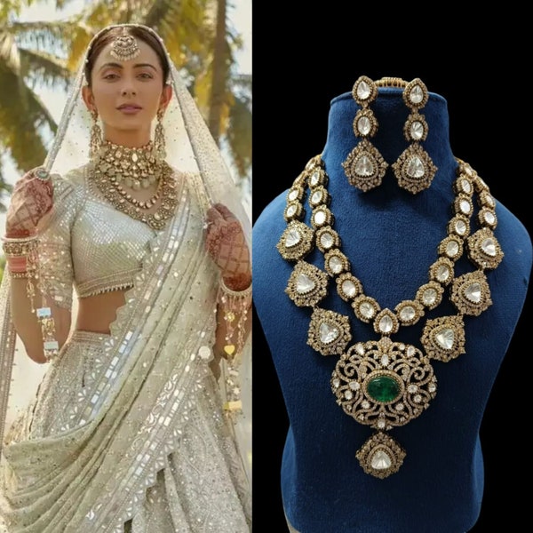 RakulPreet Wedding Sabyasachi Inspired Indian Pakistani Wedding Bollywood Bridal Green Emerald Jewelery/Heavy Bridal Polki Kundan Long set