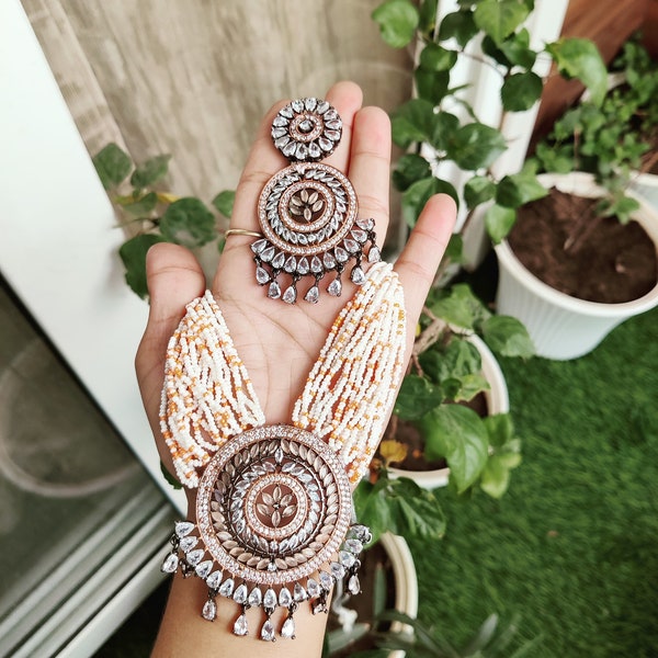 Sabyasachi Inspired Indian Pakistani Wedding Bridal Bollywood Jewelry American Diamond Stone Uncut Polki Long Pearl AD Pendant Necklace Set