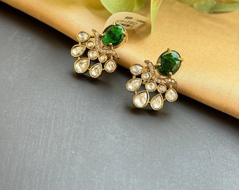 Sabyasachi Inspired Statement Earring Emerald Cocktail Earrings Sparkle Moissanite Stones Uncut Polki  Indian Afghani Style Wedding Jewelry